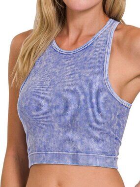 NEW Zenana High Neck Ribbed Crop Tank Top Bra Brami 6190a Blue Mineral Wash S/M